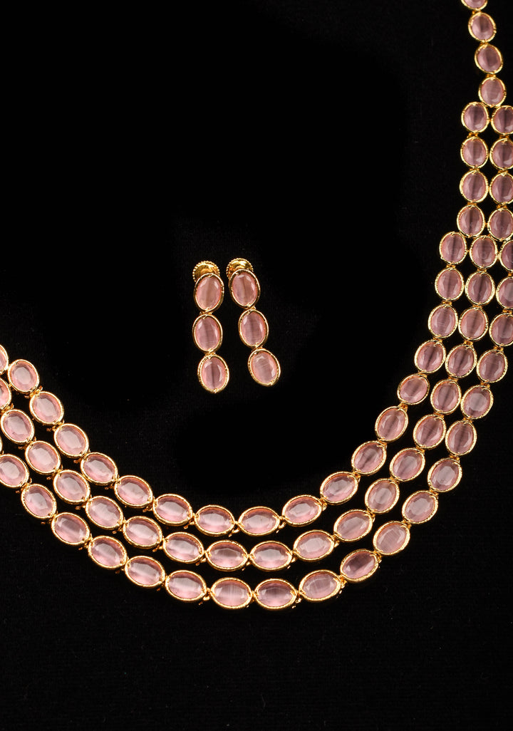 Rose Pink 3 Strand Translucent beads necklace and earrings set