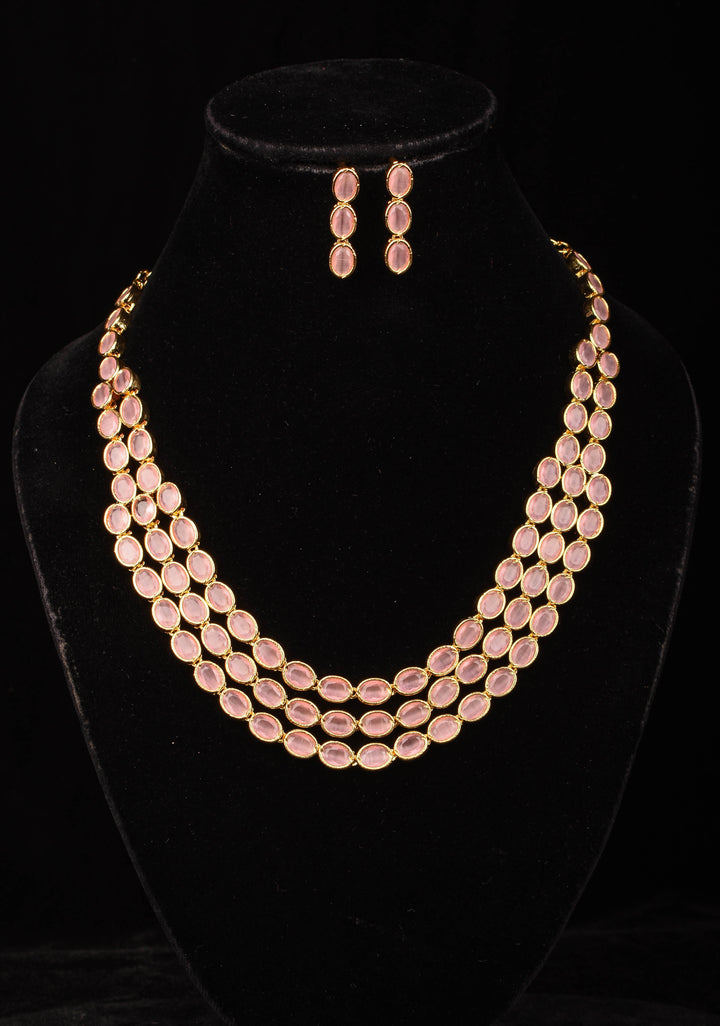 Rose Pink 3 Strand Translucent beads necklace and earrings set
