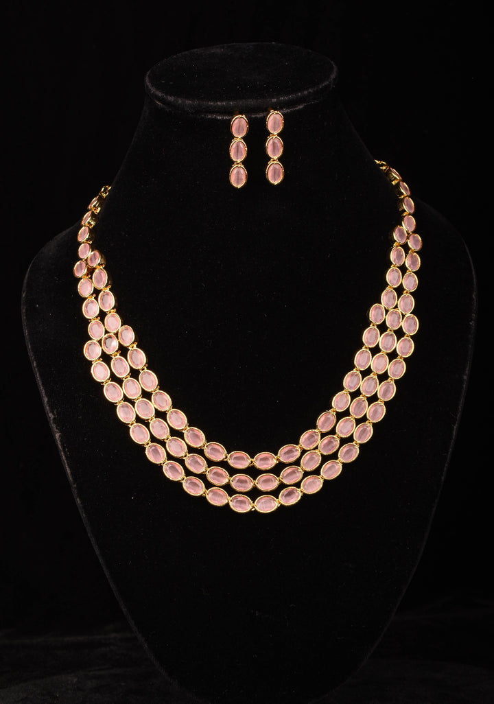 Rose Pink 3 Strand Translucent beads necklace and earrings set