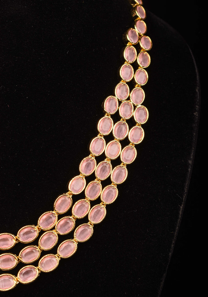 Rose Pink 3 Strand Translucent beads necklace and earrings set
