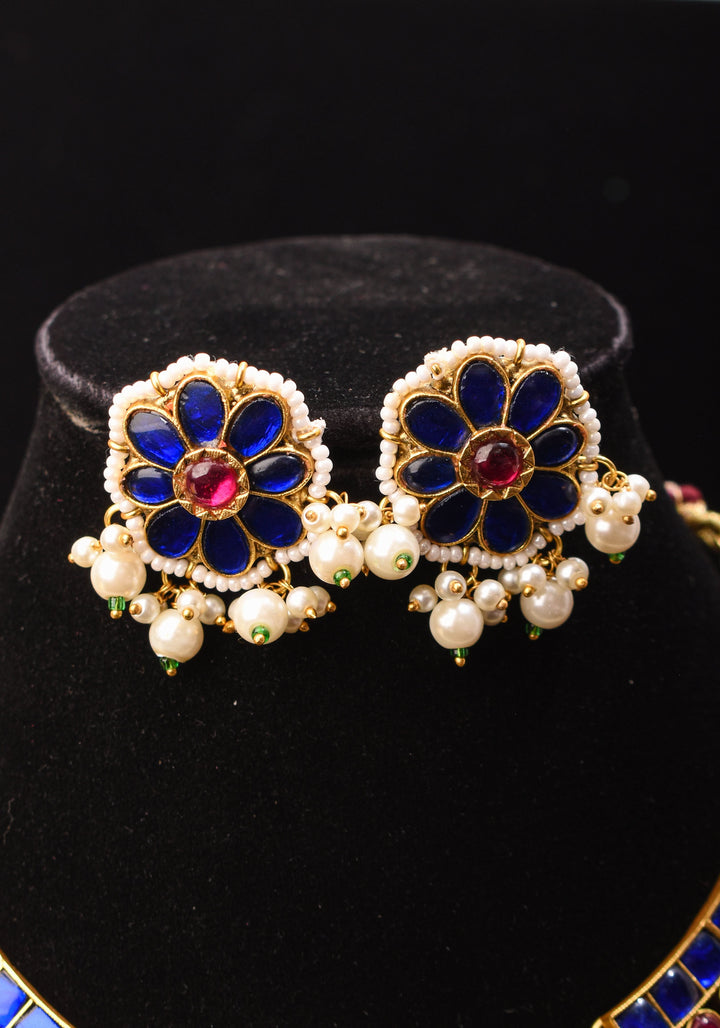 Blue and Pink Stone Jadau Necklace and Earring Set