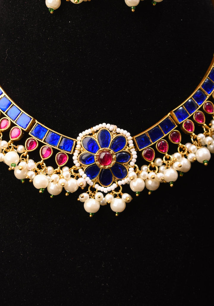 Blue and Pink Stone Jadau Necklace and Earring Set