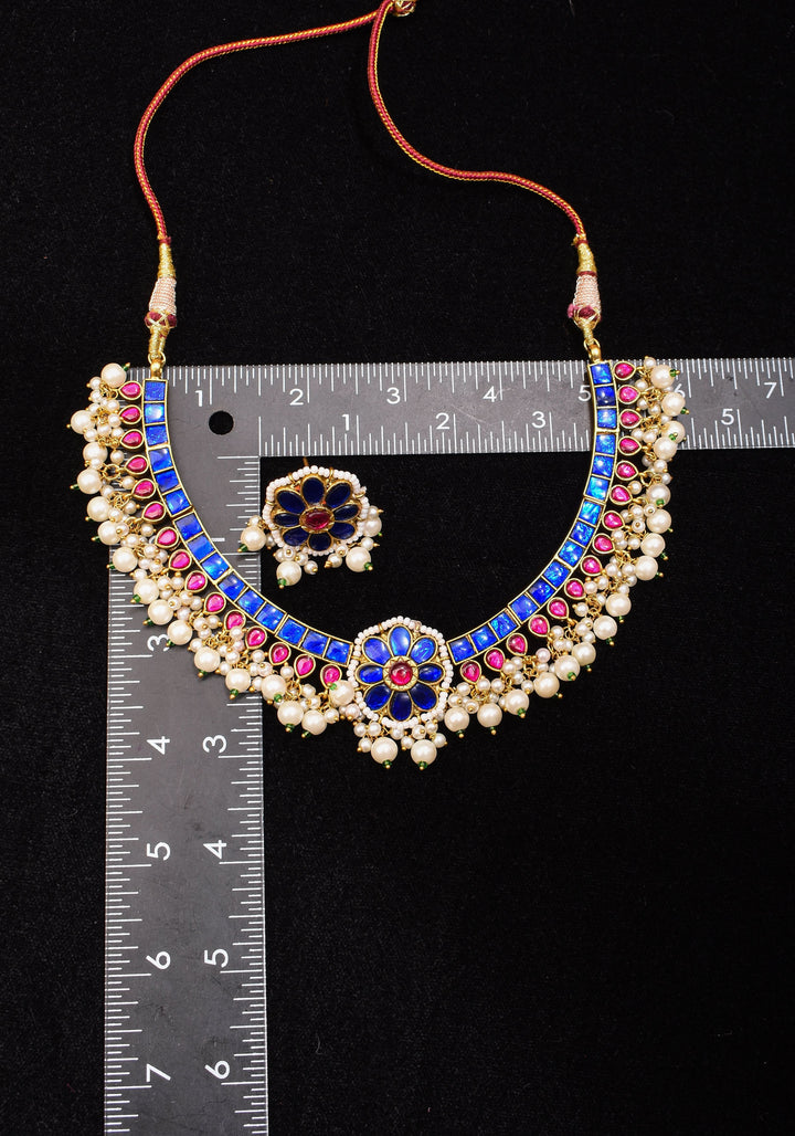Blue and Pink Stone Jadau Necklace and Earring Set