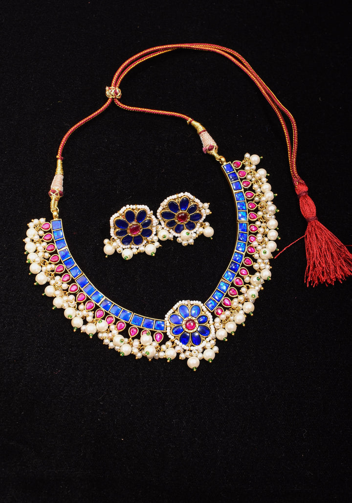 Blue and Pink Stone Jadau Necklace and Earring Set
