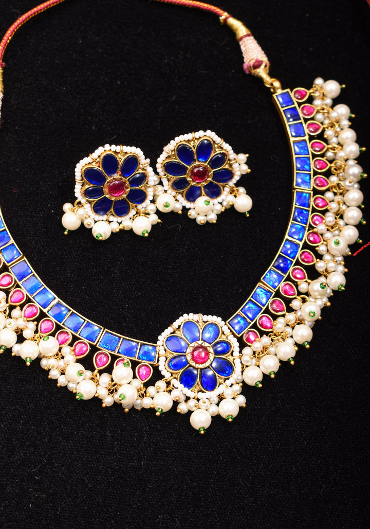 Blue and Pink Stone Jadau Necklace and Earring Set