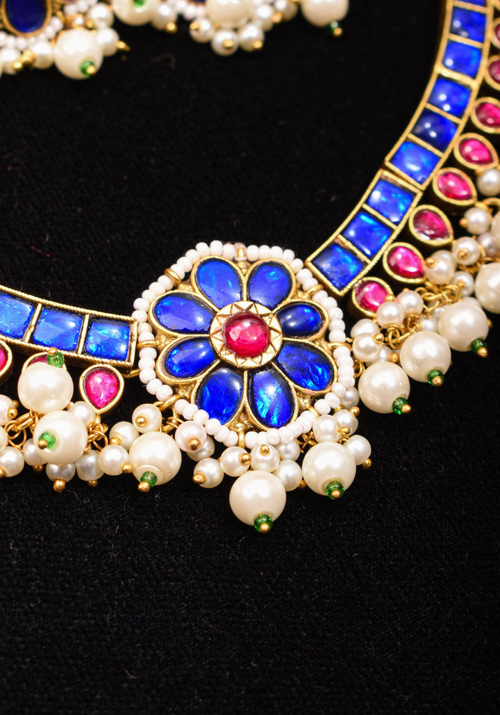 Blue and Pink Stone Jadau Necklace and Earring Set