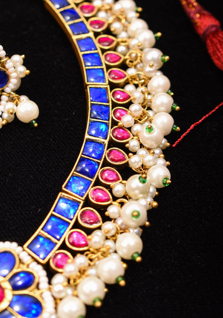 Blue and Pink Stone Jadau Necklace and Earring Set