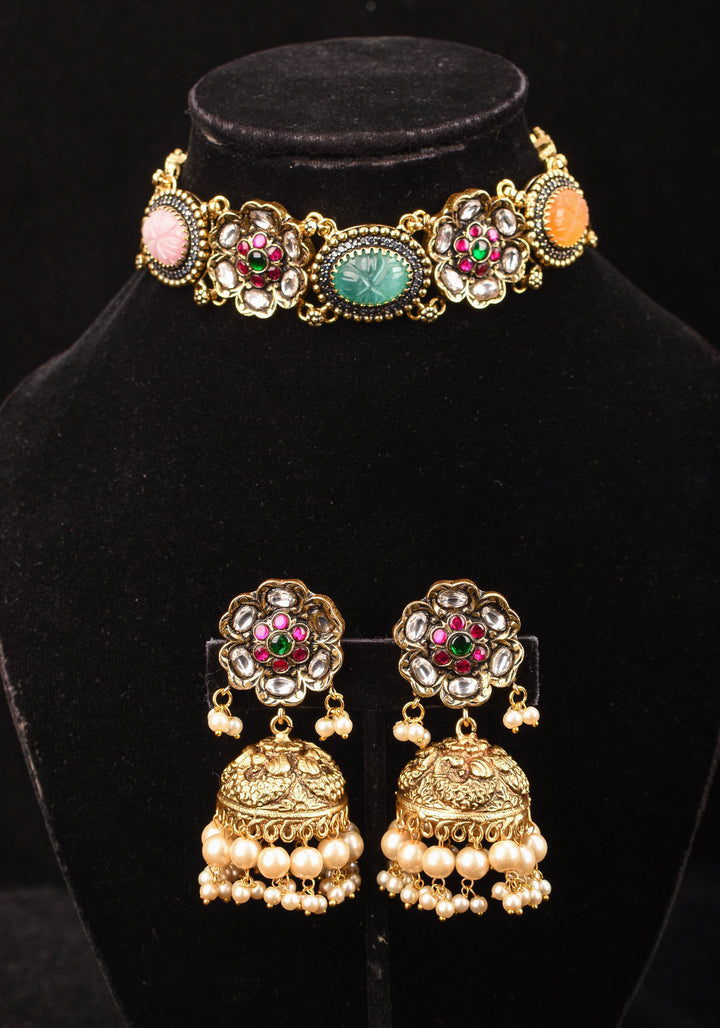 Multicolor Stones Contemporary Choker Set with  Jhumka Earrings| Shobitam Jewelry