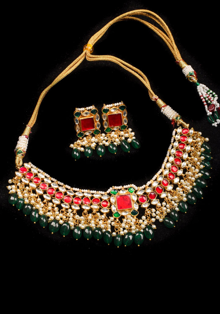Ahmedabadi Antique Finish Jadau Handcrafted Choker set with dangling Green Beads and Pearls