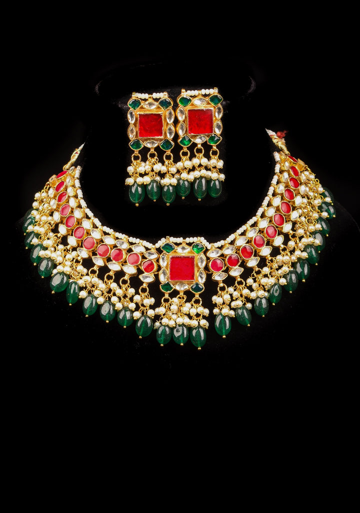 Ahmedabadi Antique Finish Jadau Handcrafted Choker set with dangling Green Beads and Pearls