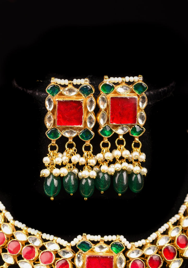 Ahmedabadi Antique Finish Jadau Handcrafted Choker set with dangling Green Beads and Pearls