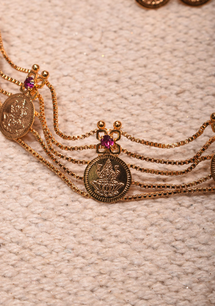 Gold tone Lakshmi Coin Layer Necklace with Earrings