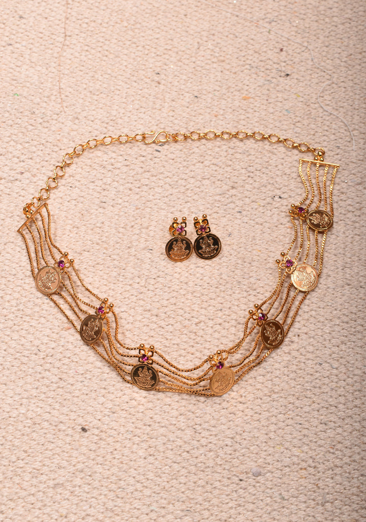 Gold tone Lakshmi Coin Layer Necklace with Earrings