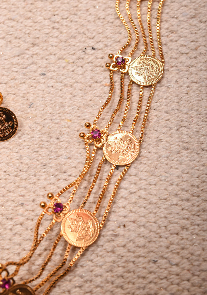 Gold tone Lakshmi Coin Layer Necklace with Earrings