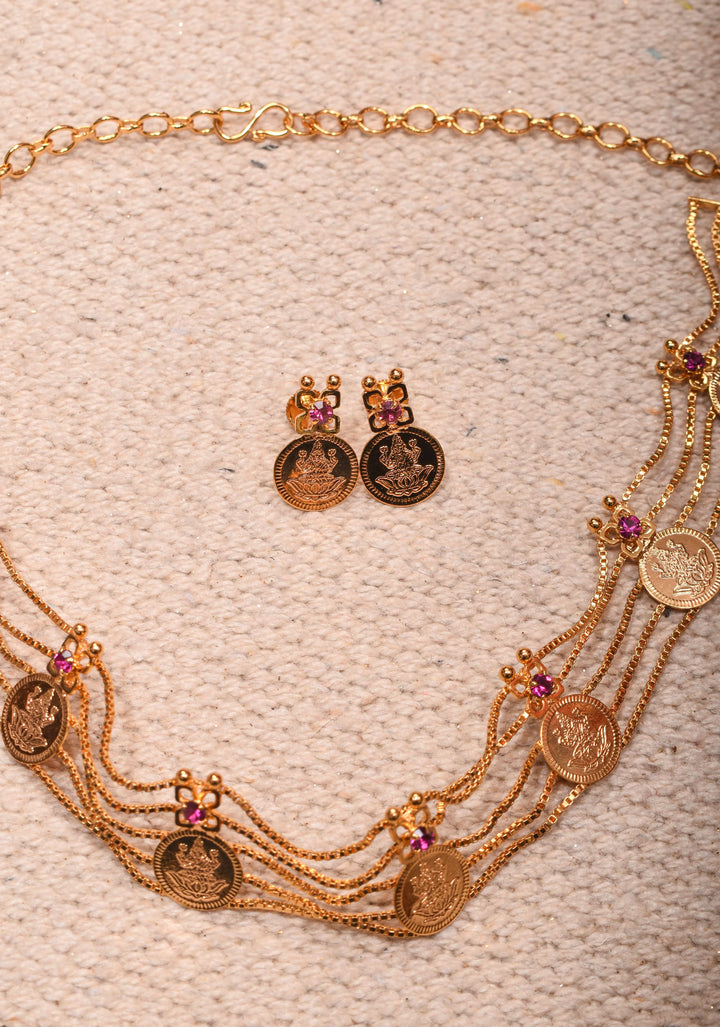 Gold tone Lakshmi Coin Layer Necklace with Earrings