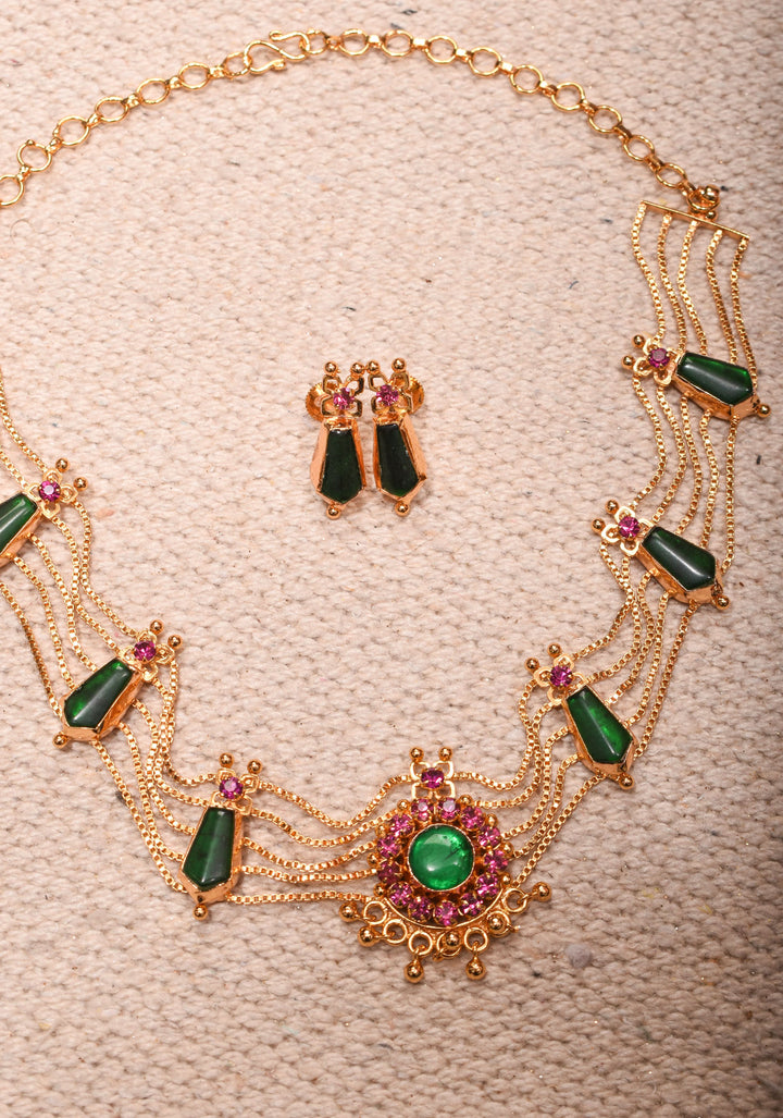 Gold tone kerala style pink-green nagapadam choker combo necklace set