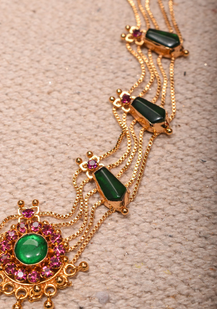 Gold tone kerala style pink-green nagapadam choker combo necklace set