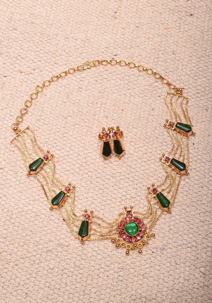 Gold tone kerala style pink-green nagapadam choker combo necklace set