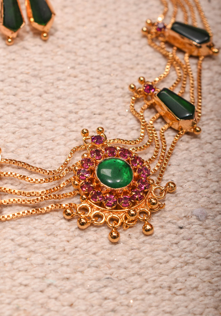 Gold tone kerala style pink-green nagapadam choker combo necklace set