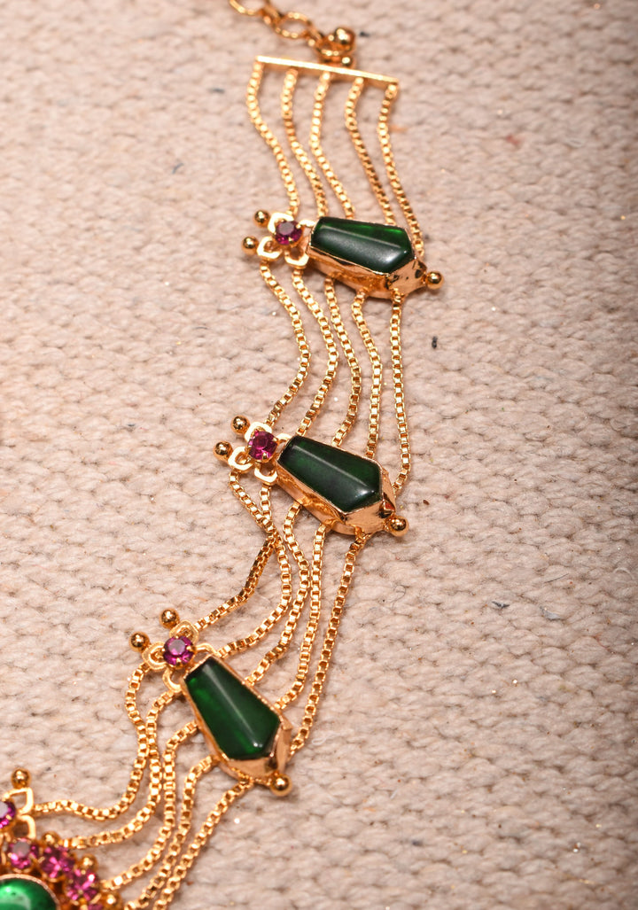 Gold tone kerala style pink-green nagapadam choker combo necklace set