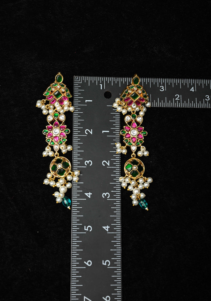 Ahmedabadi Jadau  Statement of Intricate Kundan Floral Design Earrings Dangling Pearls