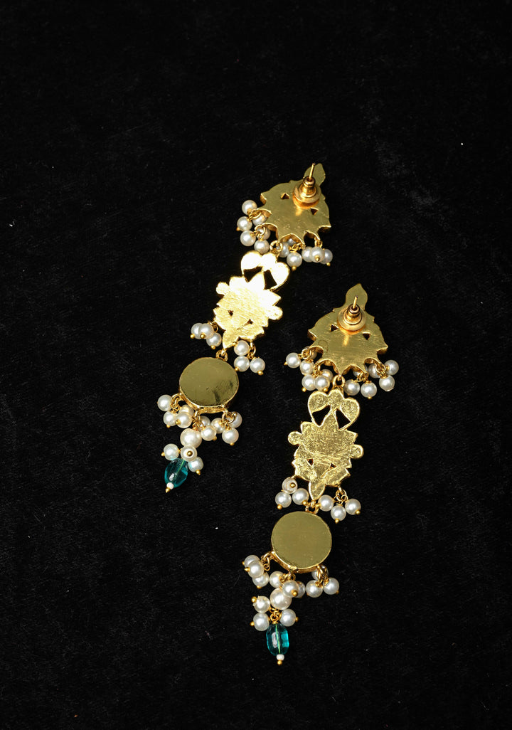 Ahmedabadi Jadau  Statement of Intricate Kundan Floral Design Earrings Dangling Pearls