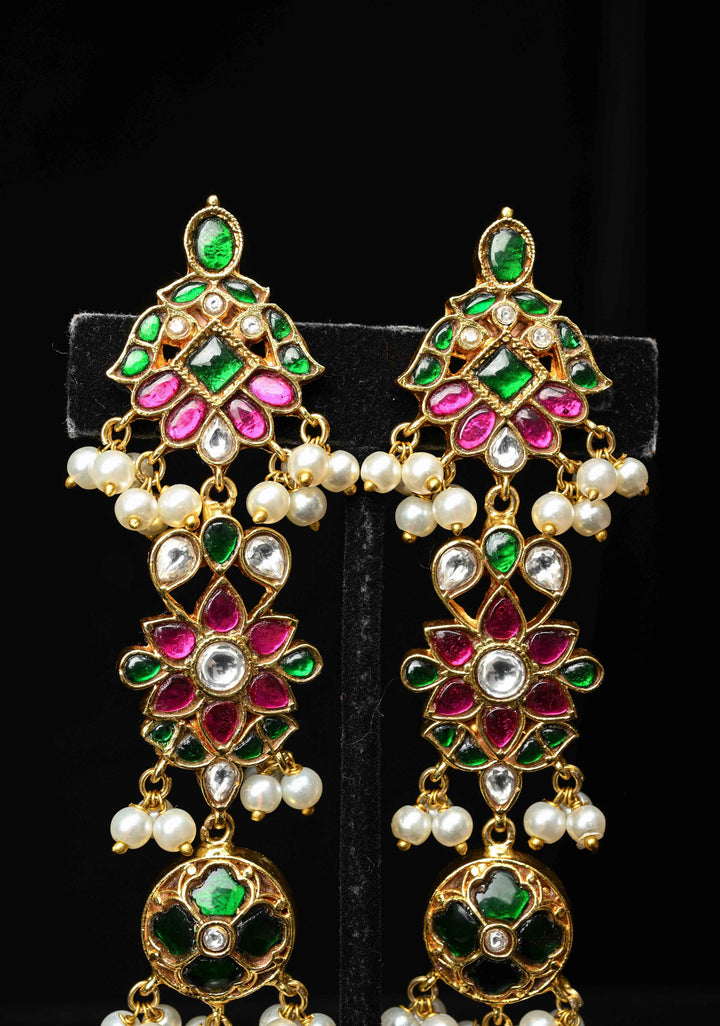 Ahmedabadi Jadau  Statement of Intricate Kundan Floral Design Earrings Dangling Pearls