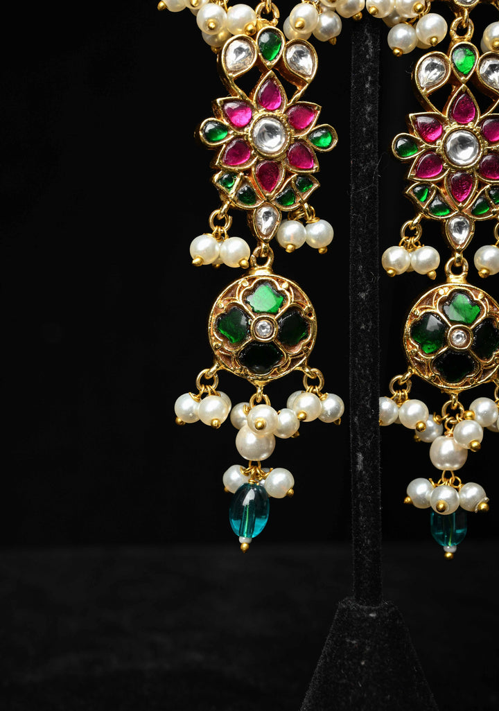 Ahmedabadi Jadau  Statement of Intricate Kundan Floral Design Earrings Dangling Pearls