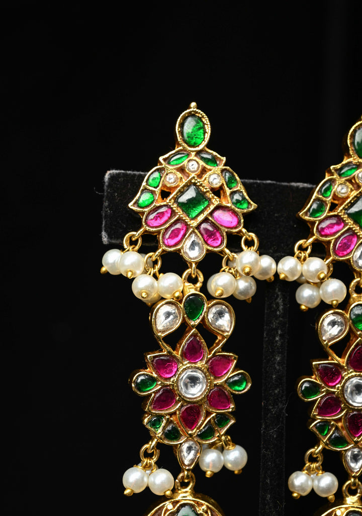 Ahmedabadi Jadau  Statement of Intricate Kundan Floral Design Earrings Dangling Pearls