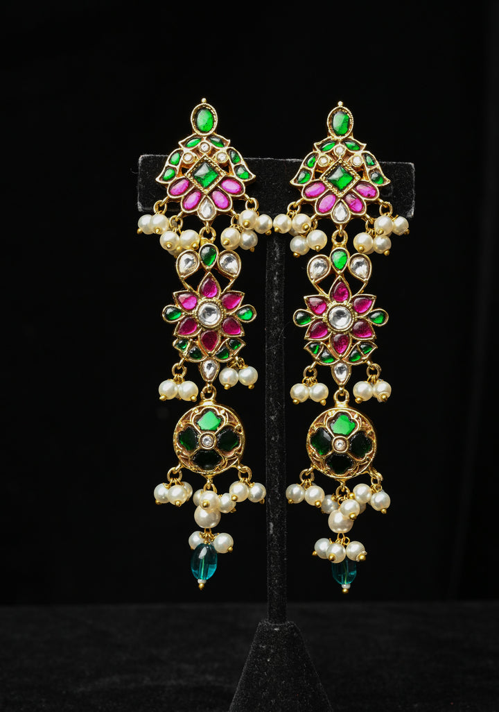 Ahmedabadi Jadau  Statement of Intricate Kundan Floral Design Earrings Dangling Pearls