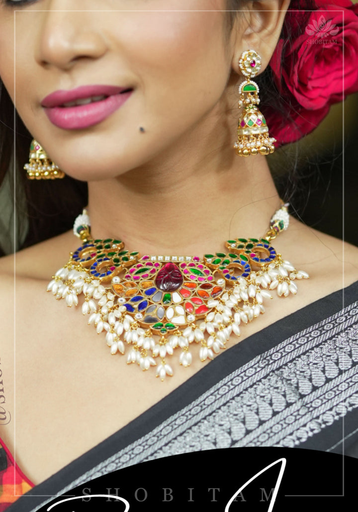 Exquisite Navaratna Vintage Design Necklace with dangling Rice Pearls, NECKLACE ONLY