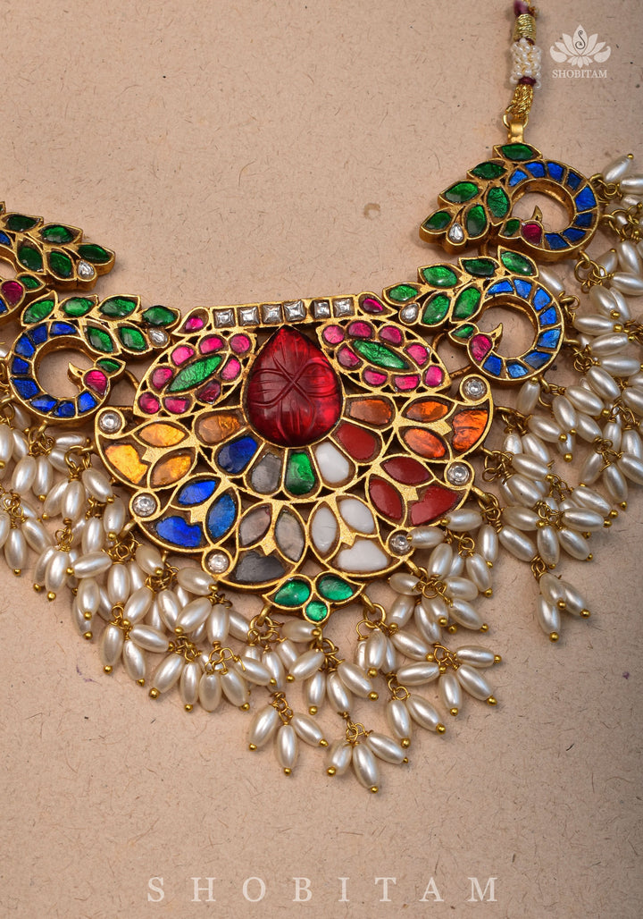 Exquisite Navaratna Vintage Design Necklace with dangling Rice Pearls, NECKLACE ONLY