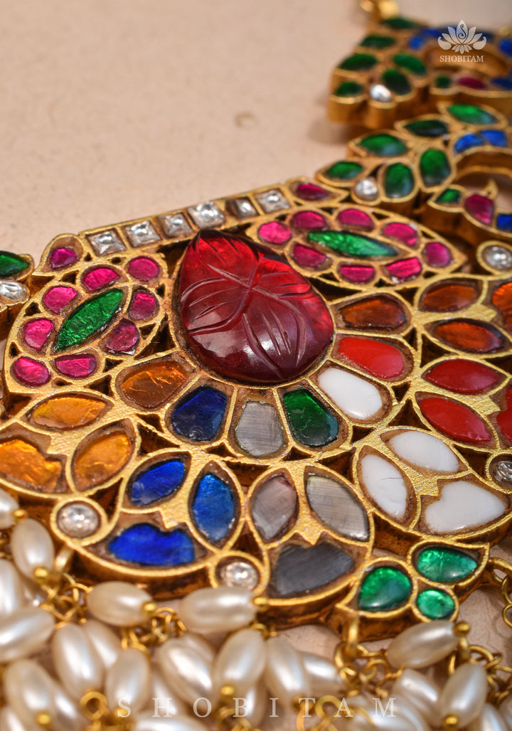 Exquisite Navaratna Vintage Design Necklace with dangling Rice Pearls, NECKLACE ONLY