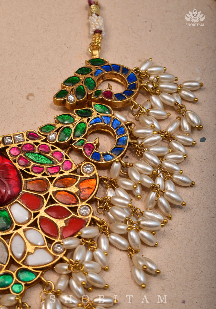 Exquisite Navaratna Vintage Design Necklace with dangling Rice Pearls, NECKLACE ONLY