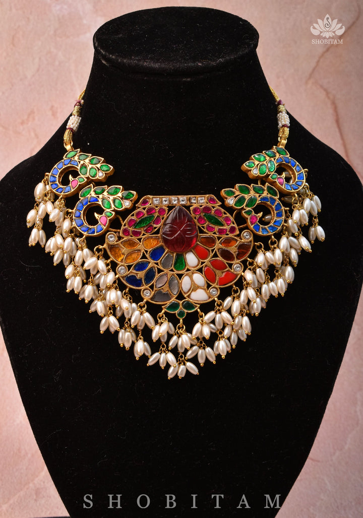 Exquisite Navaratna Vintage Design Necklace with dangling Rice Pearls, NECKLACE ONLY