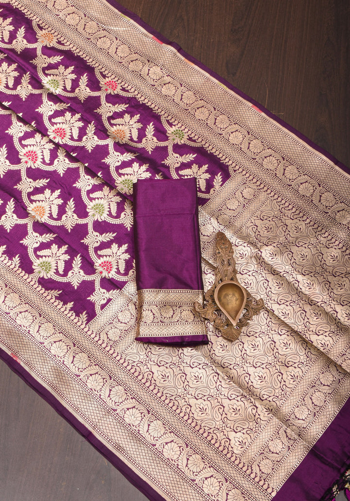 Purple Exquisite Banarasi Meenakari Jaal Katan Saree | SILK MARK CERTIFIED