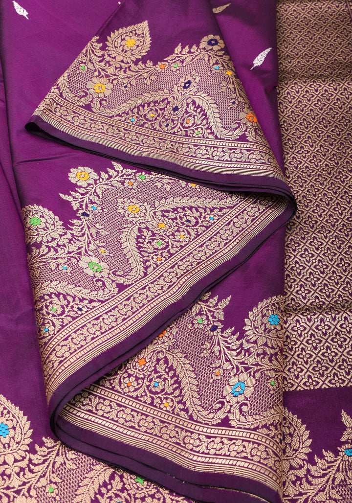 Dark Purple Meenakari Curvilinear Border Banarasi Katan Silk Saree with Alfi Motifs  | SILK MARK CERTIFIED
