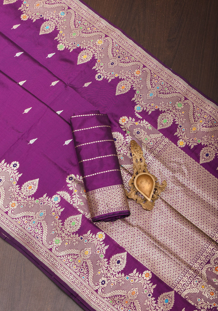 Dark Purple Meenakari Curvilinear Border Banarasi Katan Silk Saree with Alfi Motifs  | SILK MARK CERTIFIED