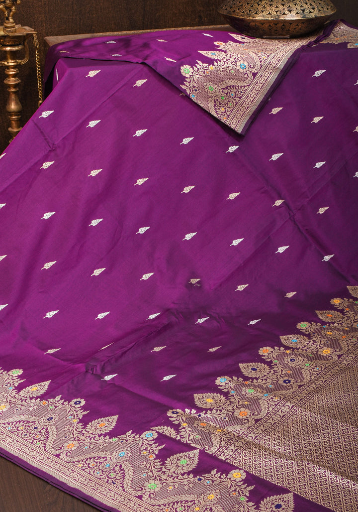 Dark Purple Meenakari Curvilinear Border Banarasi Katan Silk Saree with Alfi Motifs  | SILK MARK CERTIFIED