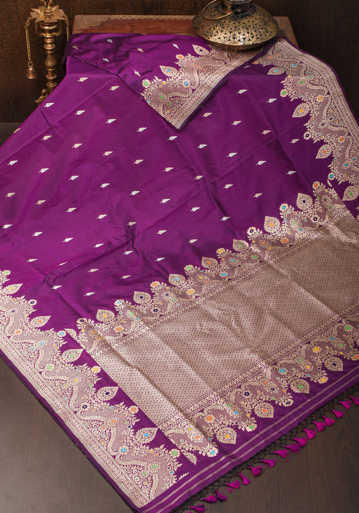 Dark Purple Meenakari Curvilinear Border Banarasi Katan Silk Saree with Alfi Motifs  | SILK MARK CERTIFIED