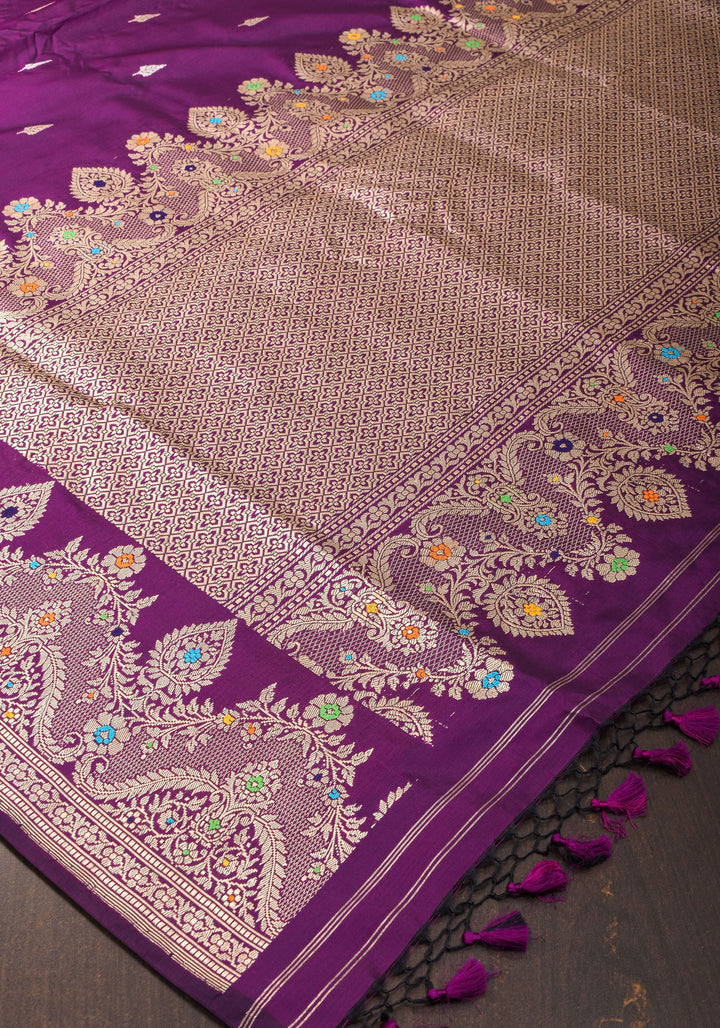 Dark Purple Meenakari Curvilinear Border Banarasi Katan Silk Saree with Alfi Motifs  | SILK MARK CERTIFIED