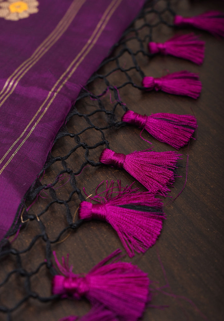 Dark Purple Meenakari Curvilinear Border Banarasi Katan Silk Saree with Alfi Motifs  | SILK MARK CERTIFIED