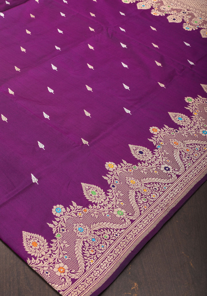 Dark Purple Meenakari Curvilinear Border Banarasi Katan Silk Saree with Alfi Motifs  | SILK MARK CERTIFIED