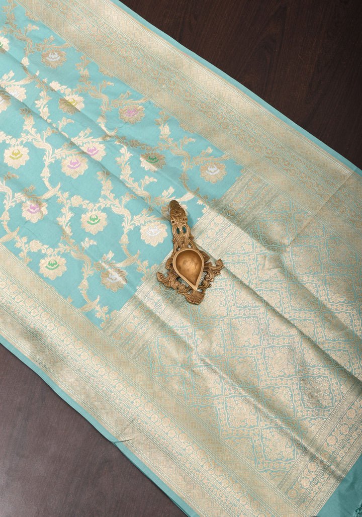Aqua Intricate Banarasi Katan silk saree with Meenakari Jaal  | SILK MARK CERTIFIED