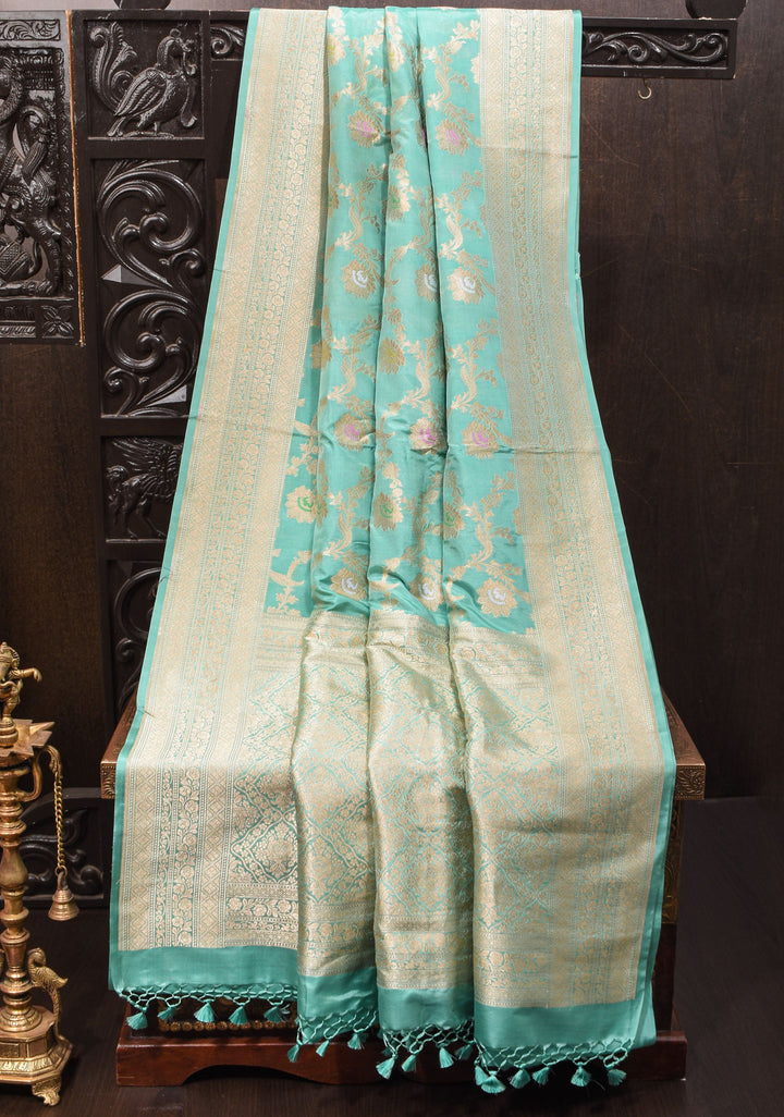 Aqua Intricate Banarasi Katan silk saree with Meenakari Jaal  | SILK MARK CERTIFIED