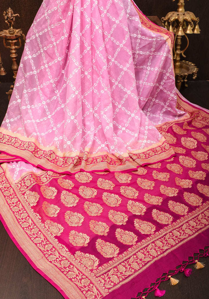 Baby Pink Banarasi Pure Georgette Saree with machine Embroidered Jaal and Contrast Deep Pink Border  | SILK MARK CERTIFIED
