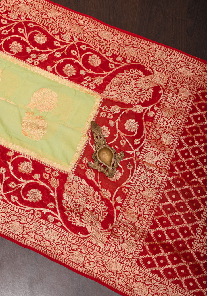 Pista Green Banarasi Pure Georgette Saree with Floral with Red Border  | SILK MARK CERTIFIED