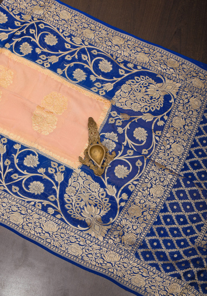 Blush Peach Pure Silk Chiffon Saree with Zari Buttas and Elongated Florals in Pallu | SILK MARK CERTIFIED