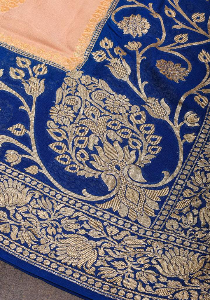 Blush Peach Pure Silk Chiffon Saree with Zari Buttas and Elongated Florals in Pallu | SILK MARK CERTIFIED