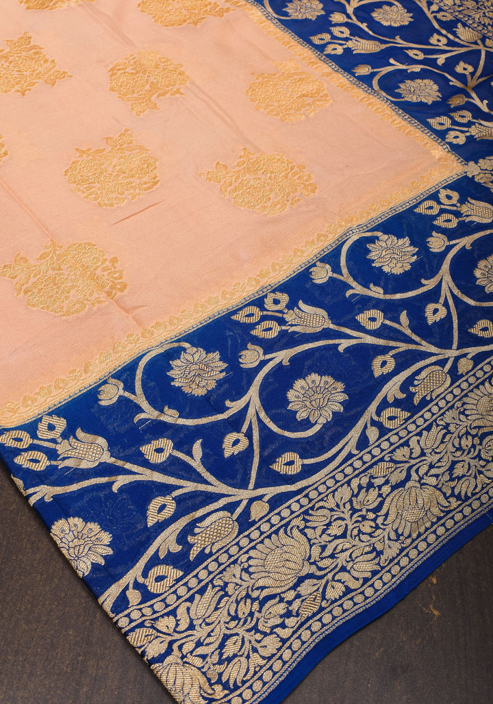 Blush Peach Pure Silk Chiffon Saree with Zari Buttas and Elongated Florals in Pallu | SILK MARK CERTIFIED